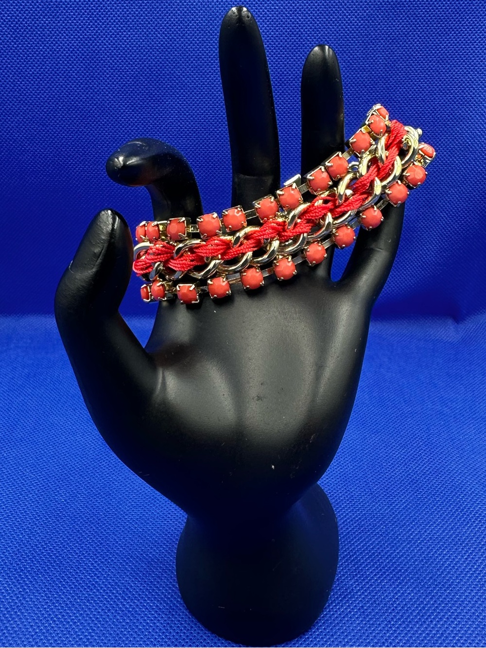Multi-Strand Braided Gold-Linked Coral Bead Bracelet